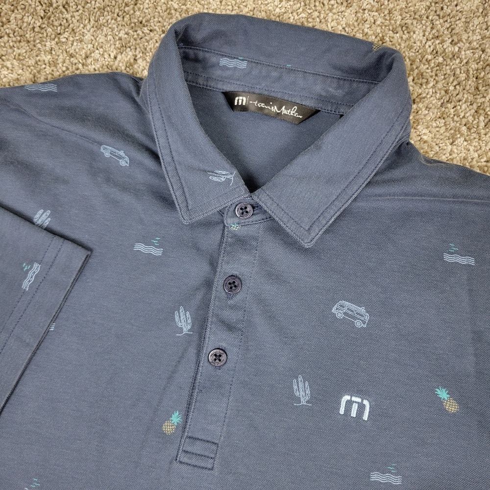 Travis Mathew Mens Large Gray AOP Pineapple Cactus Performance Stretch Polo
